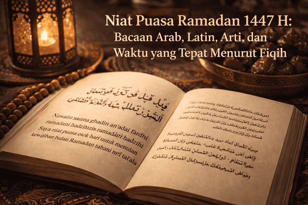 niat puasa ramadan 1447 h bacaan arab latin arti dan waktu menurut fiqih dengan latar masjid dan lampu ramadhan