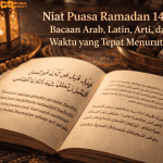 niat puasa ramadan 1447 h bacaan arab latin arti dan waktu menurut fiqih dengan latar masjid dan lampu ramadhan